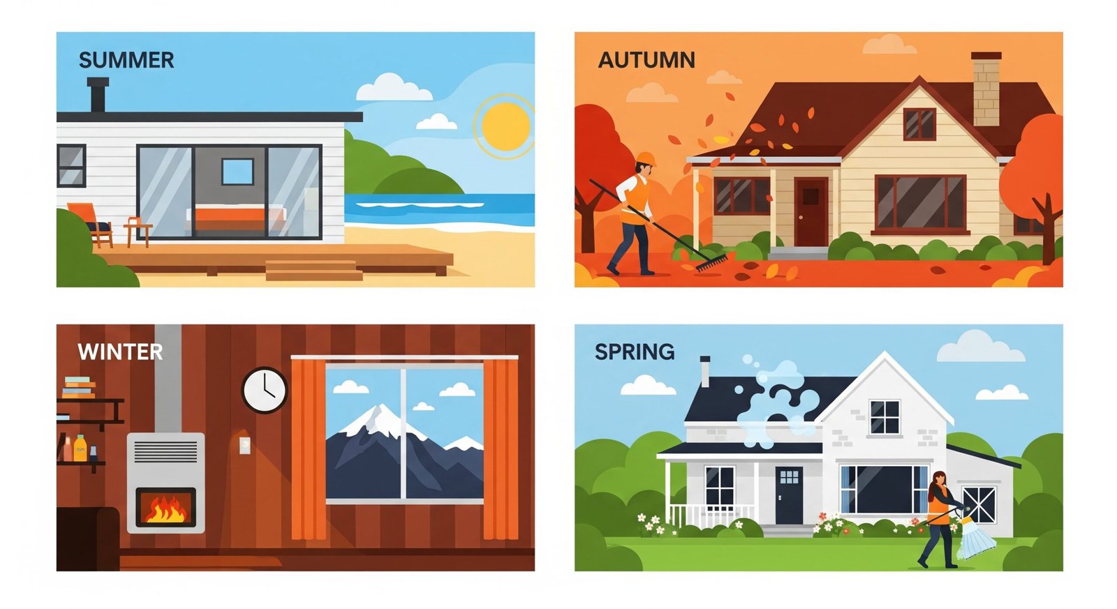 2D flat design illustration showing a house with four quadrants representing seasonal home maintenance tasks in New Zealand, including deck cleaning, gutter clearing, heat pump use, and exterior washing.