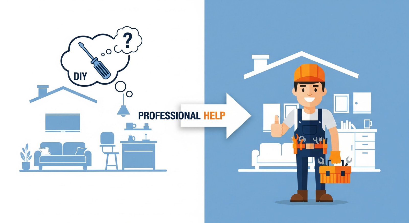 Flat design illustration showing a comparison between DIY home repairs with basic tools and professional handyman services, highlighting the choice for homeowners.