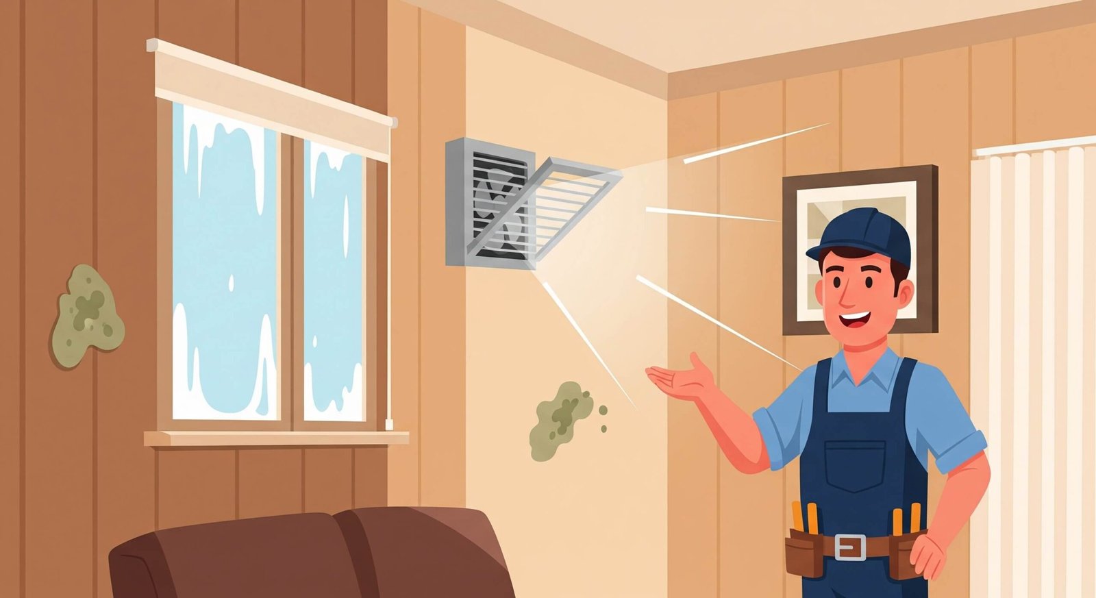 Cartoon technician beside air vent in room.